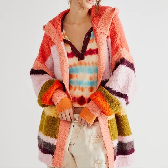 NWOT Free People Dream Team Oversized Striped Fuzzy Eyelash Cardigan, Size XS - Picture 2 of 12